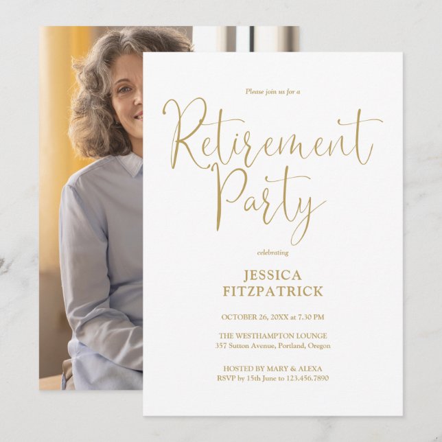 Invitation Elégant Gold Script Photo Retraite Party (Devant / Derrière)