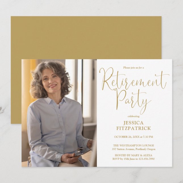 Invitation Elégant Gold Script Photo Retraite Party (Devant / Derrière)
