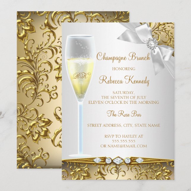 Invitation Elégant Gold Silver White Champagne Brunch (Devant / Derrière)