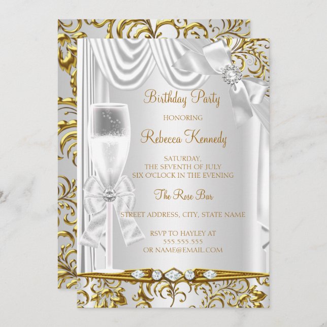 Invitation Elégant Gold Silver White Silk Champagne Anniversa (Devant / Derrière)
