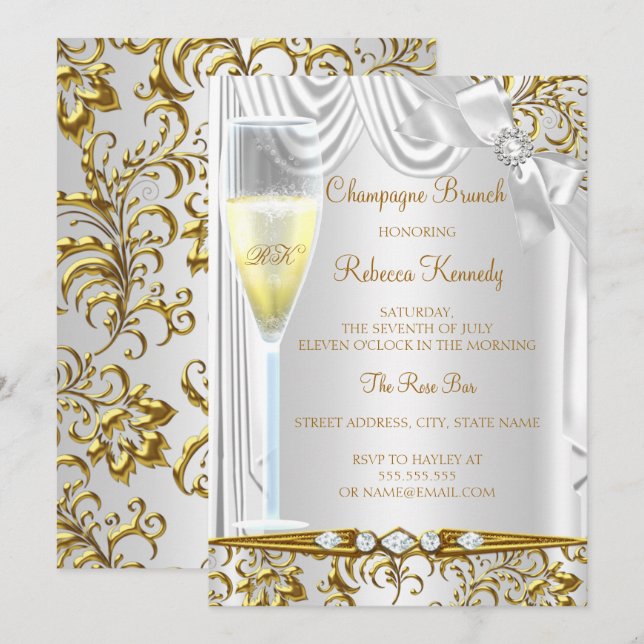 Invitation Elégant Gold Silver White Silk Champagne Brunch (Devant / Derrière)