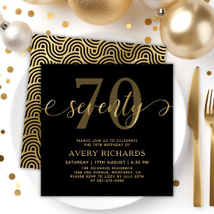 Invitation Elégant Gold Soixante-Dix Script Noir 70e Annivers