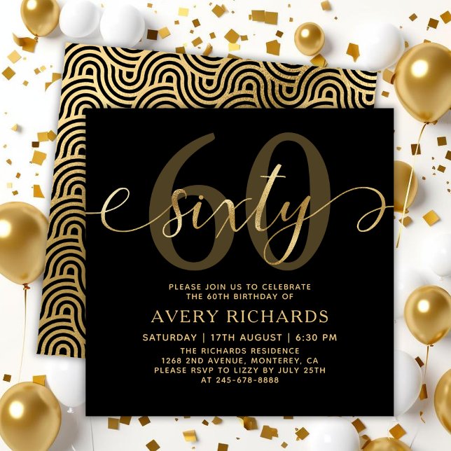 Invitation Elégant Gold Soixante Script Noir 60e anniversaire (Créateur téléchargé)