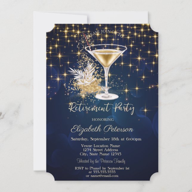 Invitation Elégant Gold Stars Champagne Navy Blue Retirement (Devant)