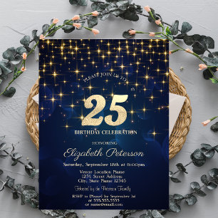 Invitation Elégant Gold Stars Marine Blue 25e anniversaire fê