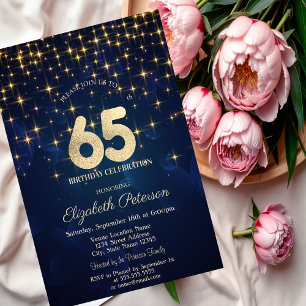 Invitation Elégant Gold Stars Marine Blue 65e anniversaire fê