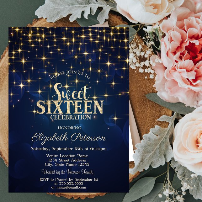 Invitation Elégant Gold Stars Marine Blue Sweet 16 (Créateur téléchargé)