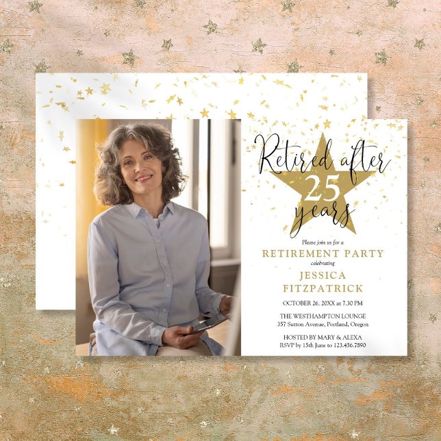 Invitation Elégant Gold Stars Photo Retirement Party (Elegant Gold Stars Photo Retirement Party Invitation)