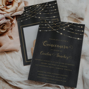 Invitation Élégant Gold String Lumières Photo Quinceanera