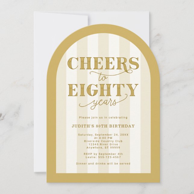 Invitation Elegant Gold Striped Cheers to 80 Years Birthday (Devant)