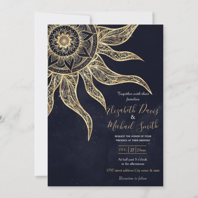 Invitation Elégant Gold Sun Mandala Blue Nebula Design (Devant)
