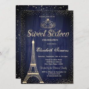 Invitation Élégant Gold Tiara Confetti Tour Eiffel Sweet 16