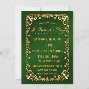 Invitation Elégant Gold Trim et Shamrock St. Patrick's Day