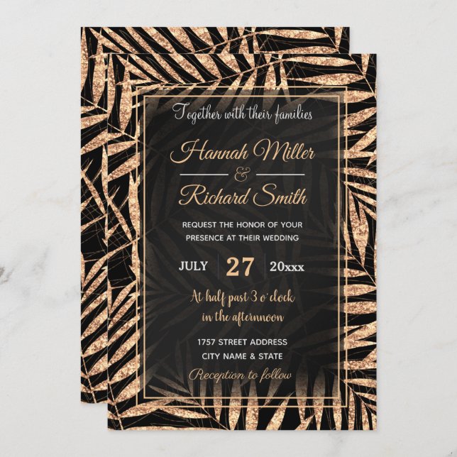 Invitation Elégant Gold Tropical Palm Feuille Black Design (Devant / Derrière)
