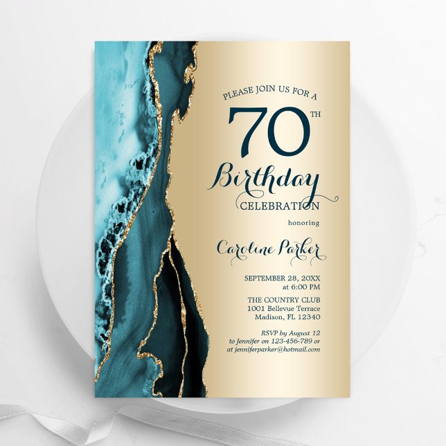 Invitation Elégant Gold Turquoise Agate 70e anniversaire (Créateur téléchargé)