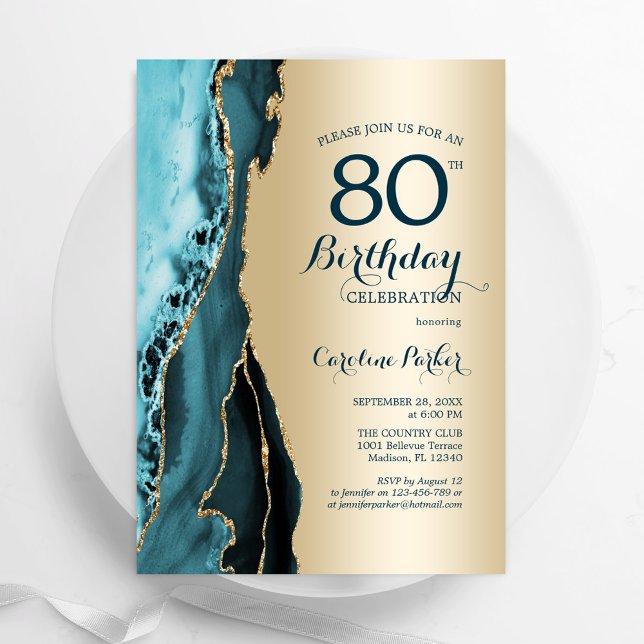 Invitation Elégant Gold Turquoise Agate 80e anniversaire (Créateur téléchargé)