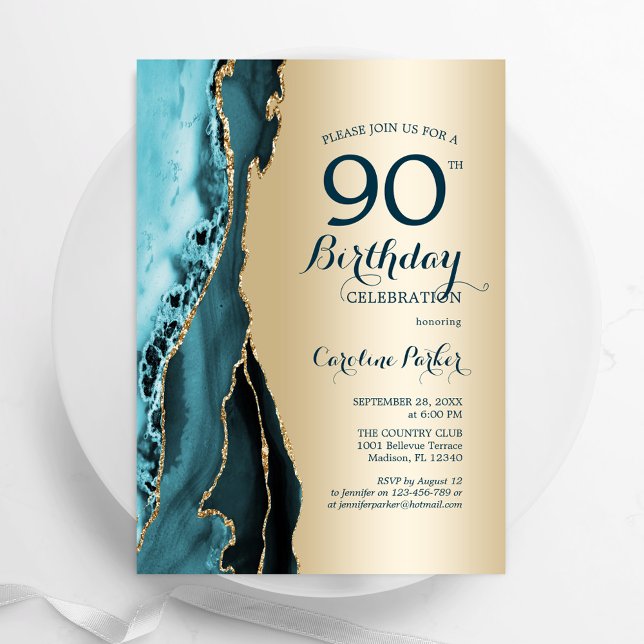 Invitation Elégant Gold Turquoise Agate 90e anniversaire (Créateur téléchargé)