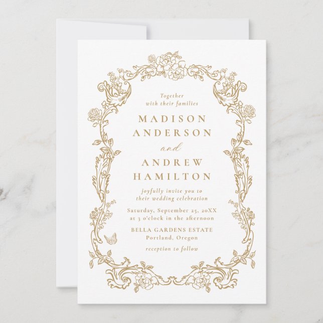 Invitation Elegant Gold Victorian Floral All in One Wedding (Devant)