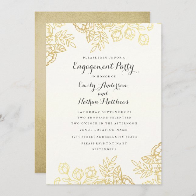 Invitation Elégant Gold Vintage Floral Engagement Party (Devant / Derrière)