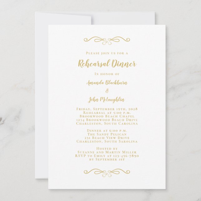Invitation Élégant Gold & White Chic Mariage Dîner de répétit (Devant)