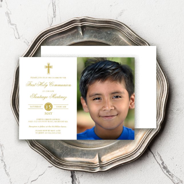 Invitation Elégant Gold White First Communion Photo Boy (Créateur téléchargé)