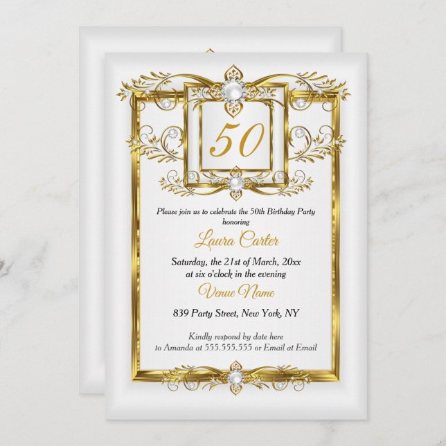 Invitation Elegant Gold White Pearl Photo fête d'anniversaire (Devant / Derrière)
