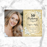 Invitation Elégant Gold White Photo 50e anniversaire<br><div class="desc">Elégante invitation au 50e anniversaire fleurie féminine avec votre photo. Design de glam avec de l'or de parties scintillant imitation. Comprend des rayures, des roses blanches, des caractères de script et des confettis. Parfait pour une fête anniversaire adulte élégante. Personnalisez avec vos propres détails. Peut être customisé pour n'importe quel...</div>