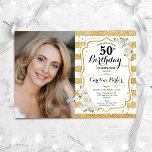 Invitation Elégant Gold White Photo 50e anniversaire<br><div class="desc">Elégante invitation au 50e anniversaire fleurie féminine avec votre photo. Design blanc de verre avec parties scintillant d'or. Comprend des rayures, des roses blanches, des caractères de script et des confettis. Parfait pour une fête anniversaire adulte élégante. Personnalisez avec vos propres détails. Peut être customisé pour n'importe quel âge !...</div>