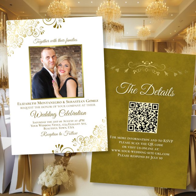 Invitation Elegant Gold & White Photo & QR Code Mariage (Front/Back)
