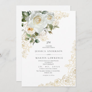 Invitation Elegant Gold White Rose Wedding