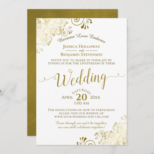 Invitation Elégant Gold & White Virtual Mariage Livestream (Devant / Derrière)