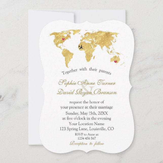 Invitation Elégant Gold World Map Destination Mariage (Devant)