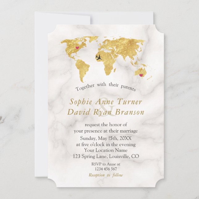 Invitation Elegant Gold World Map Destination Wedding (Devant)