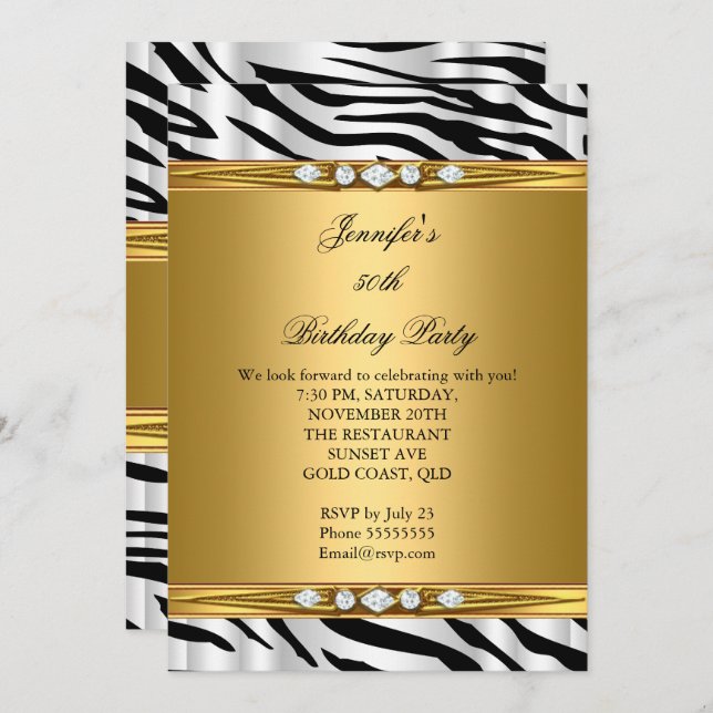 Invitation Elégant Gold Zebra Black Silver Diamond Anniversai (Devant / Derrière)