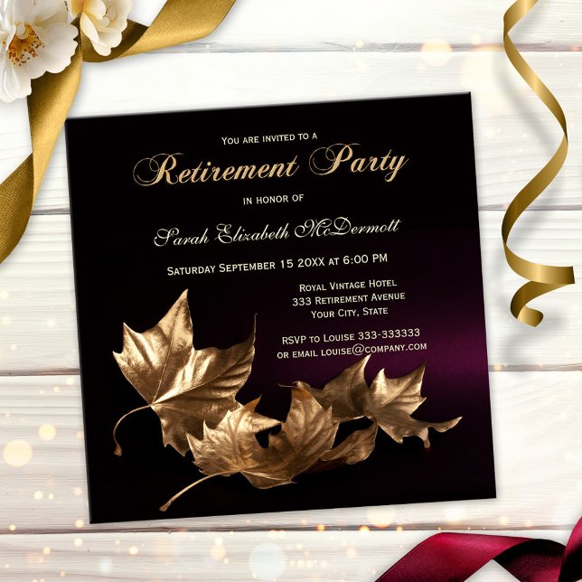 Invitation Elégant Golden Fall quitte le parti de retraite (Stylish retirement party invitation featuring golden leaves on dark burgundy)