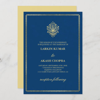Invitation Elégant Golden Paisley Dodger Mariage bleu