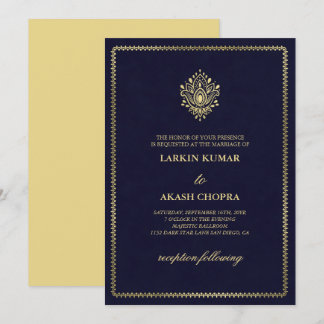 Invitation Elégant Golden Paisley Moyen ardoise bleu Mariage