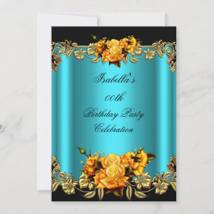 Invitation Elégant Golden Turquoise Blue Yellow Roses Anniver