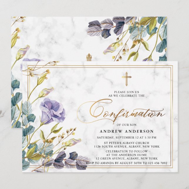 Invitation Élégant Golden Vintage Floral Confirmation (Devant / Derrière)
