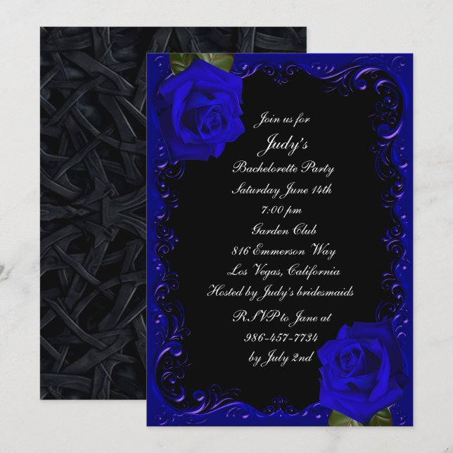 Invitation Élégant Goth Blue Roses Bachelorette Party (Devant / Derrière)