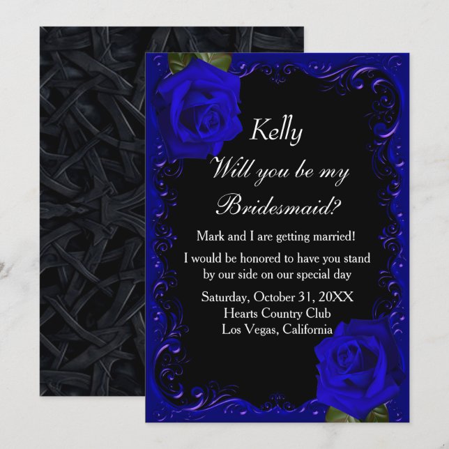 Invitation Élégant Goth Blue Roses Bridesmaid (Devant / Derrière)