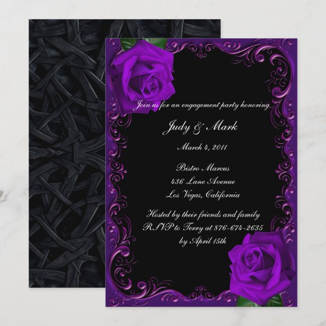 Invitation Élégant Goth Purple Rose Engagement Party (Devant / Derrière)
