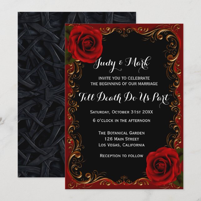Invitation Élégant Goth Red Roses Mariage (Devant / Derrière)