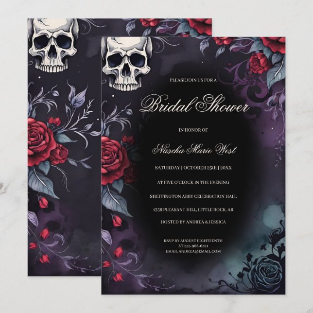 Invitation Elegant Gothic Skull & Roses Bridal Shower (Devant / Derrière)