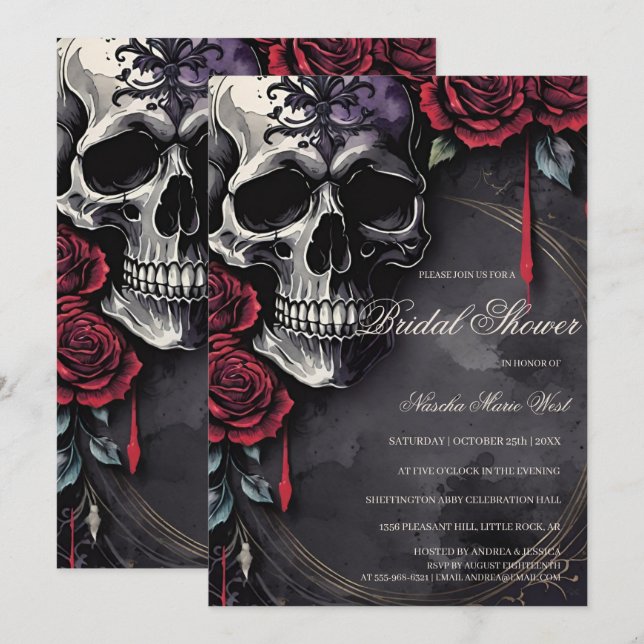 Invitation Elegant Gothic Skull & Roses Bridal Shower (Devant / Derrière)