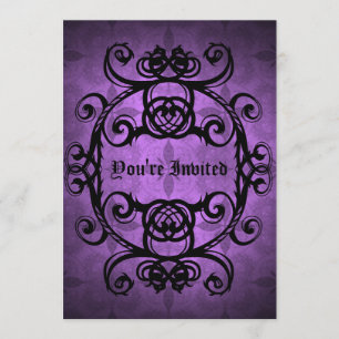 Invitation Élégant gothique damassé violet et noir parti