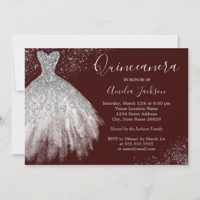 Invitation Elegant Gown Bourgogne Quinceanera (Devant)