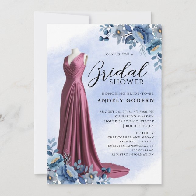 Invitation Elegant Gown Illustration with  Bridal Shower (Devant)