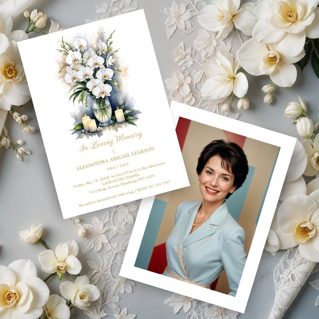 Invitation Elegant Graceful White Orchid Bouquet & Candles  (Elegant White Orchid Bouquet & Candle Memorial Funeral Invitation Cards with Photo on Back.)