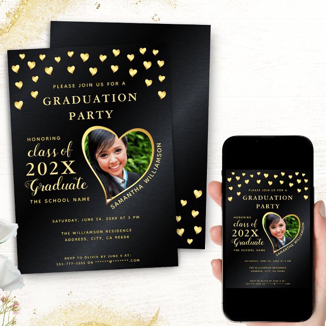 Invitation Elégant Grad Photo noir et or Graduation (Choose your format among these options: Printed; Printed + Instant Download; Instant Download)